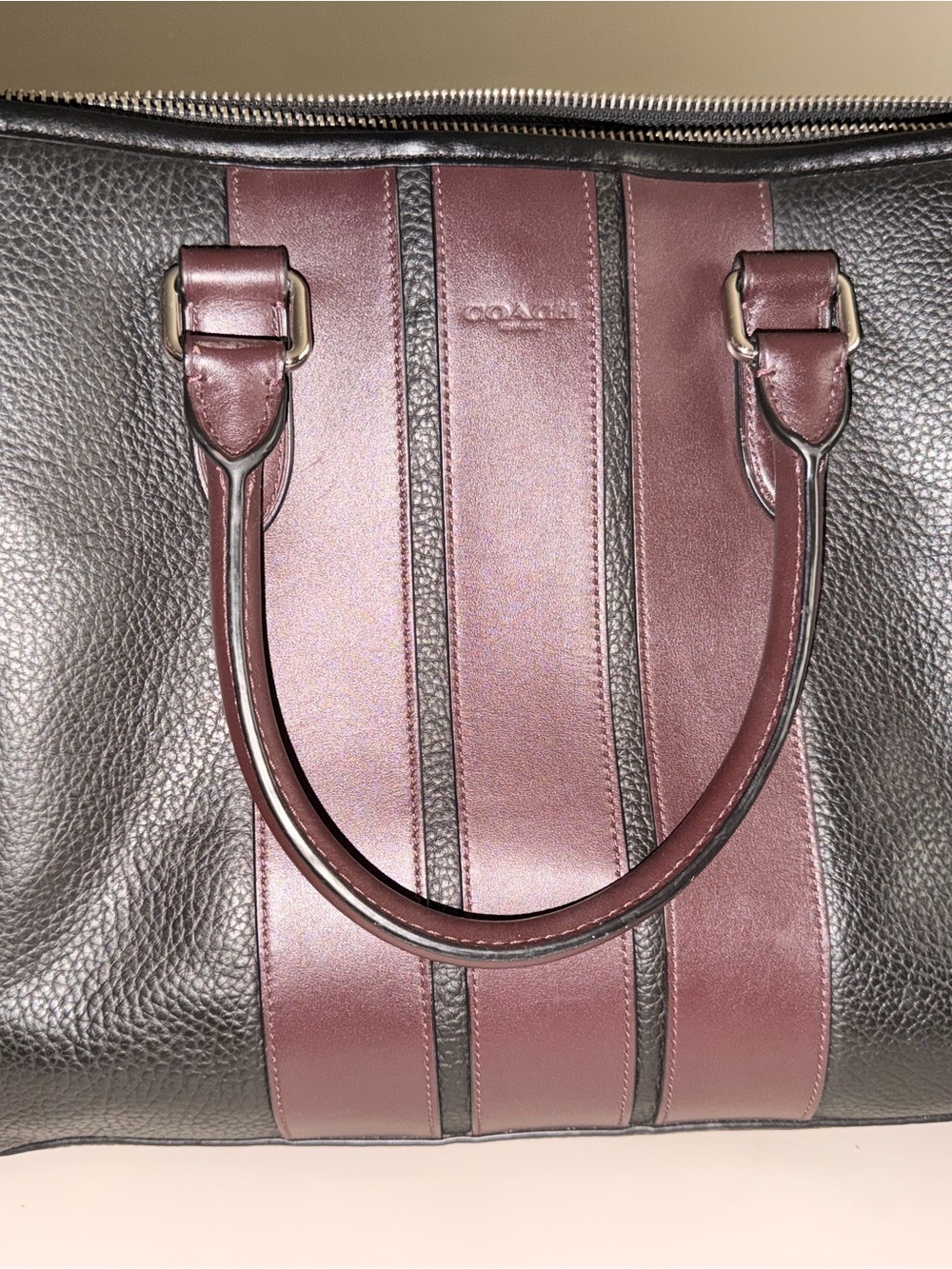 Coach Black and Burgundy Leather Tote with Dual Stripes
